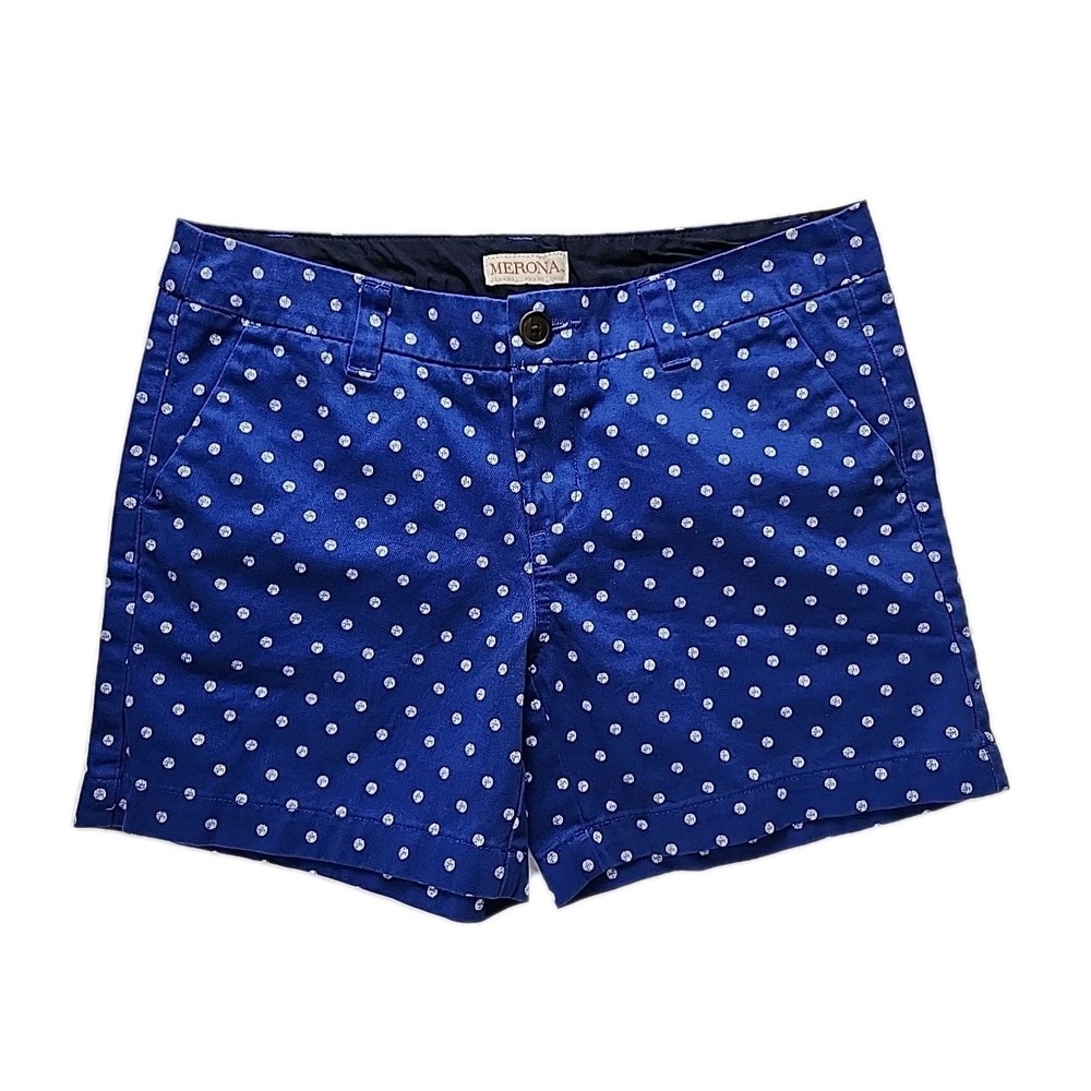 Merona‎ Women's 2 Chino Shorts Blue w/White Poka Dots 100% Cotton Mid-Rise CUTE!